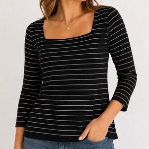 VTG Talbots Womens Black White Striped Square Neck Knit Top Medium Classic Goth‎